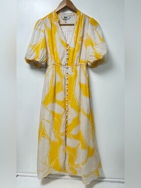Ever New Women’s Petite Yellow White Puff Sleeve Button Front Midi Dress Size‎ 2